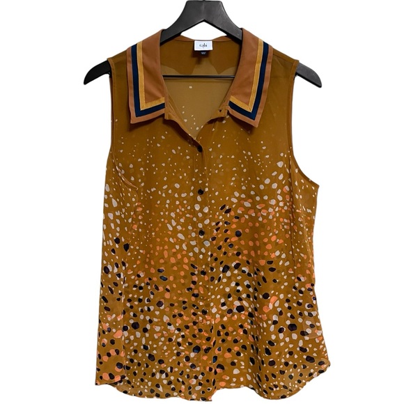 CAbi Tops - CAbi Mustard Sleeveless Button Front Blouse with Navy Trim